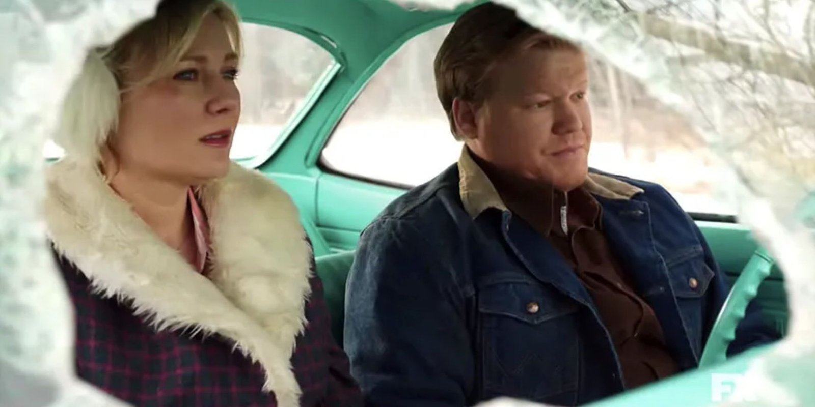 The Blumquists sit in a banged-up car.