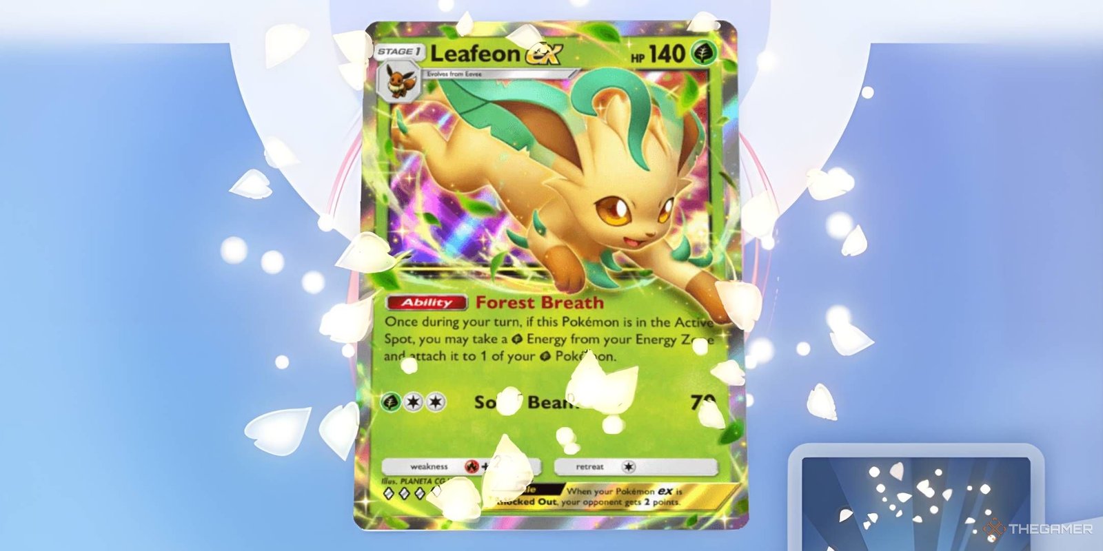 The Leafeon ex card surrounded by white petals, from the event-exclusive flair.