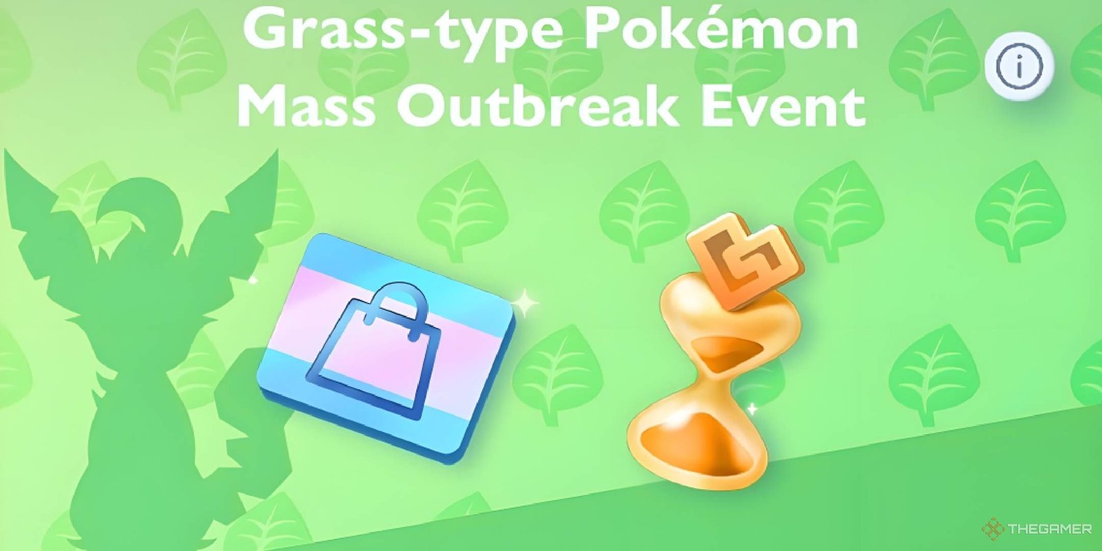 The Grass Mission banner, showing a Shop Ticket and Wonder Hourglass over a silhouette of Leafeon.