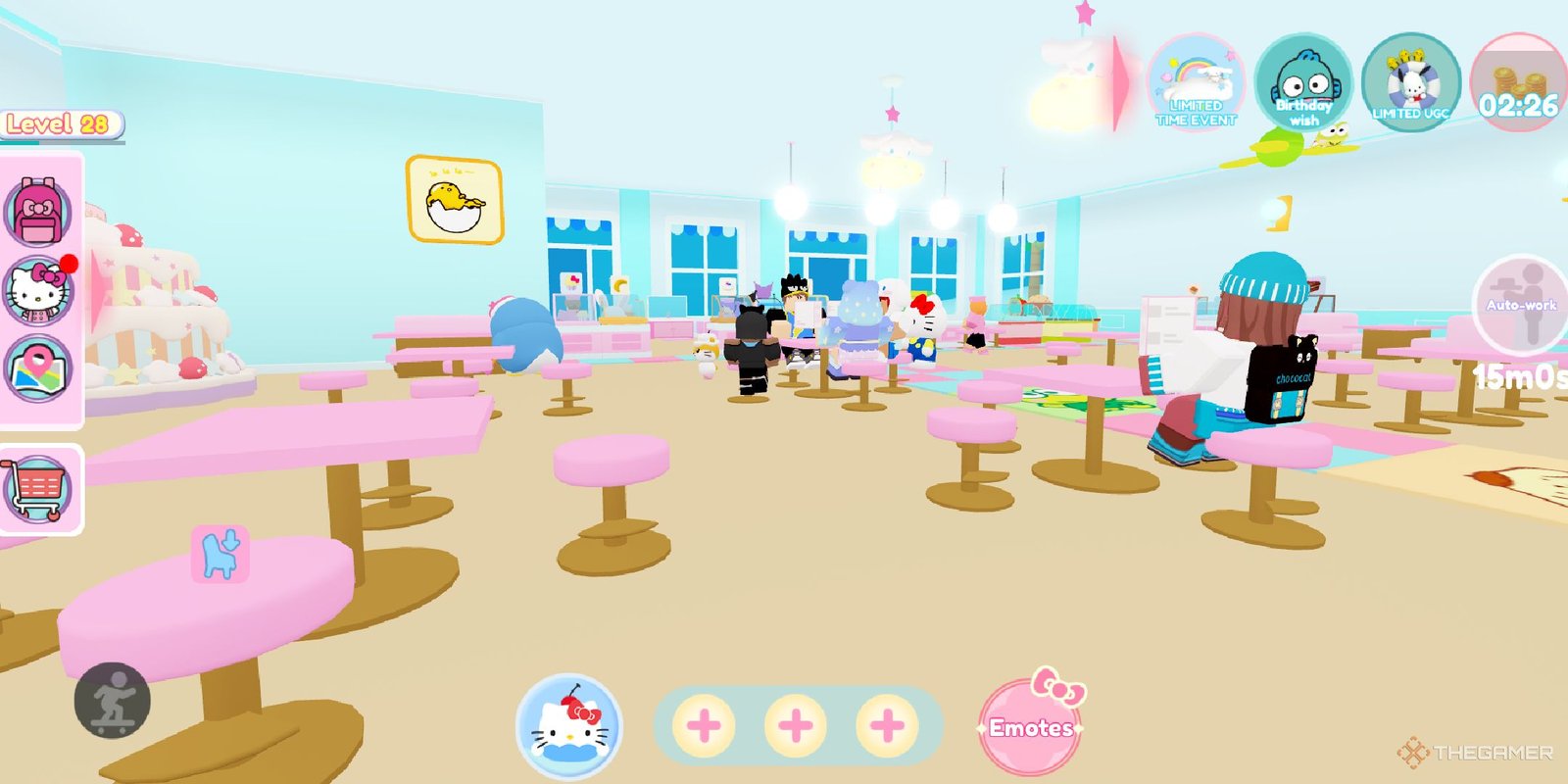 A player looking at their cafe in Hello Kitty Cafe on Roblox.