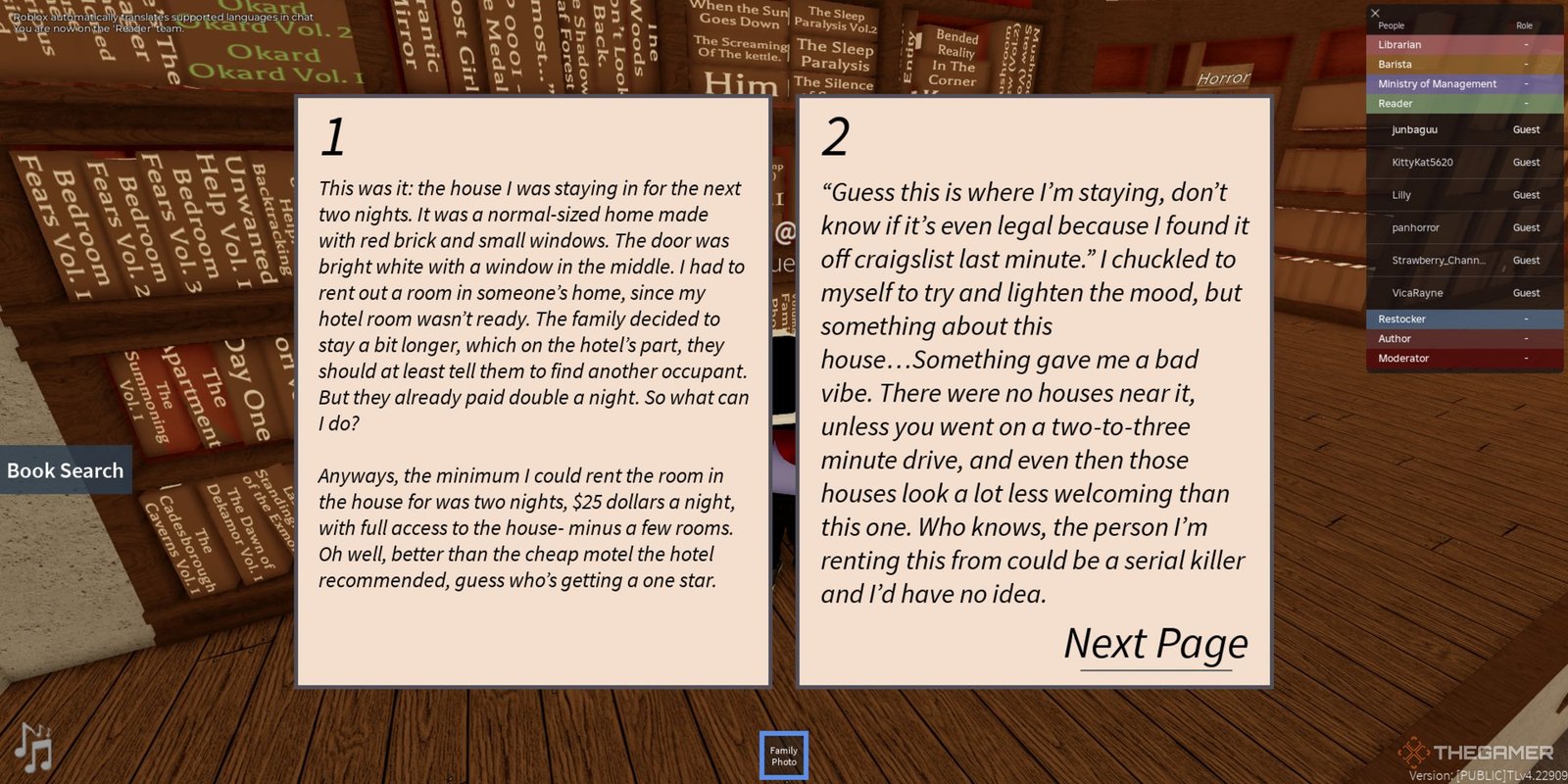 A player looking at a book in Tearose Library on Roblox.