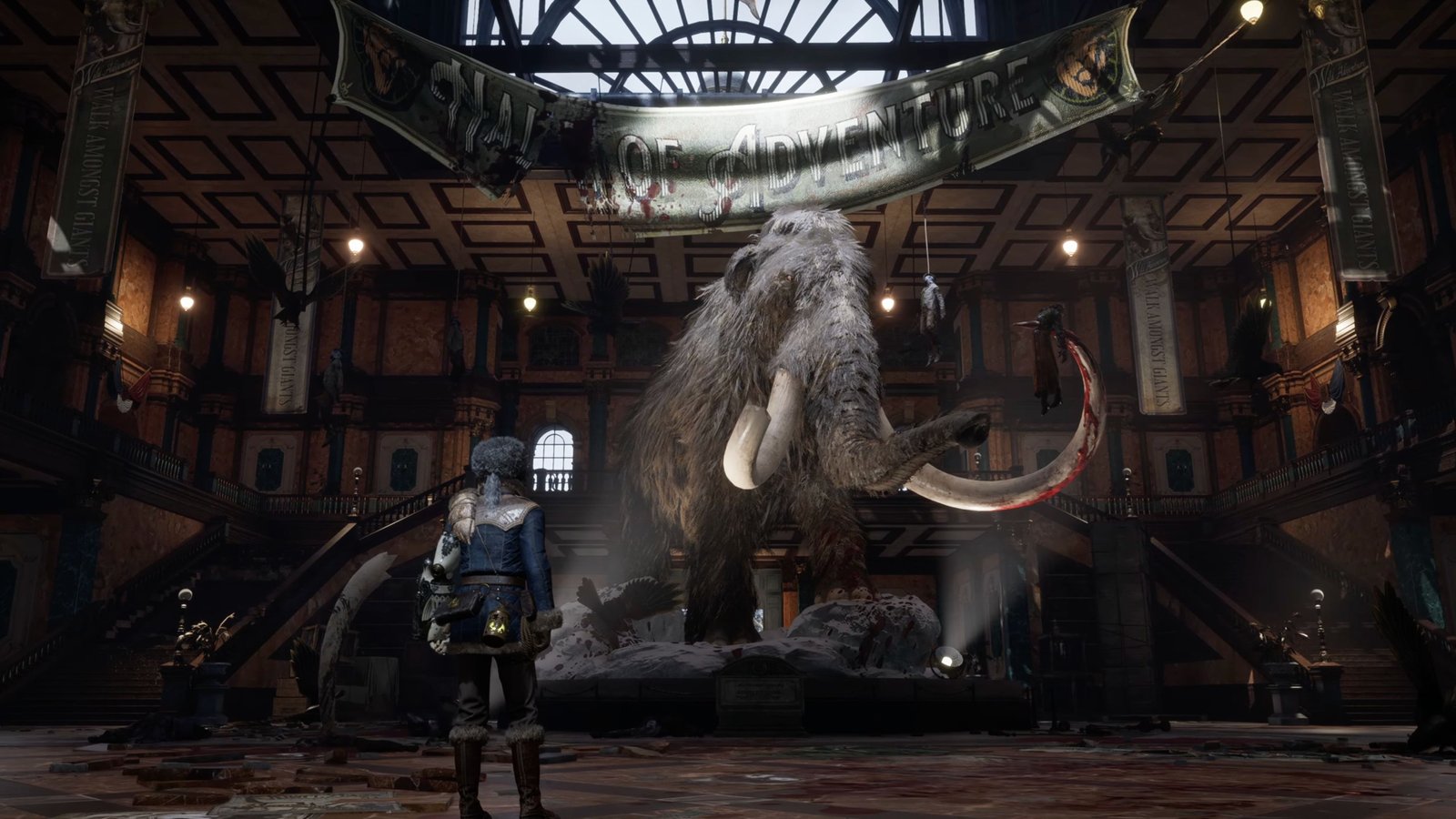 A gameplay screenshot of P looking at a mammoth in Lies of P: Overture.