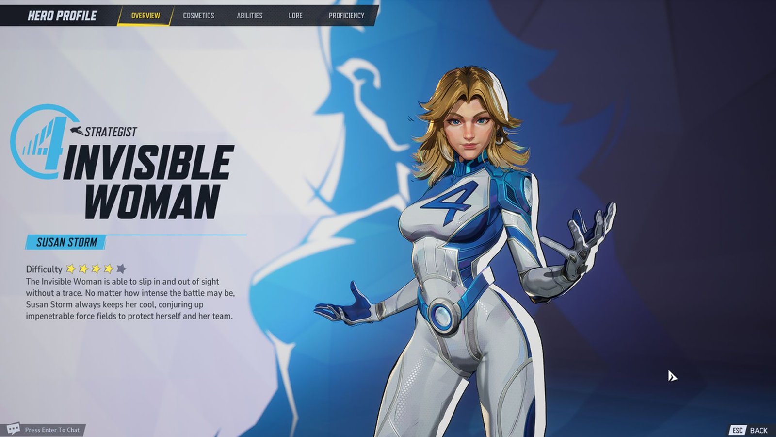 Invisible Woman character screen from Marvel Rivals.