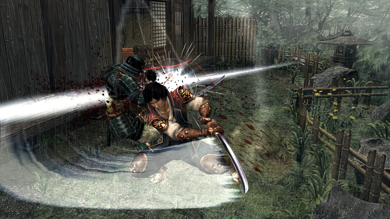 Jubei slashing his sword in Onimusha 2: Samurai's Destiny.