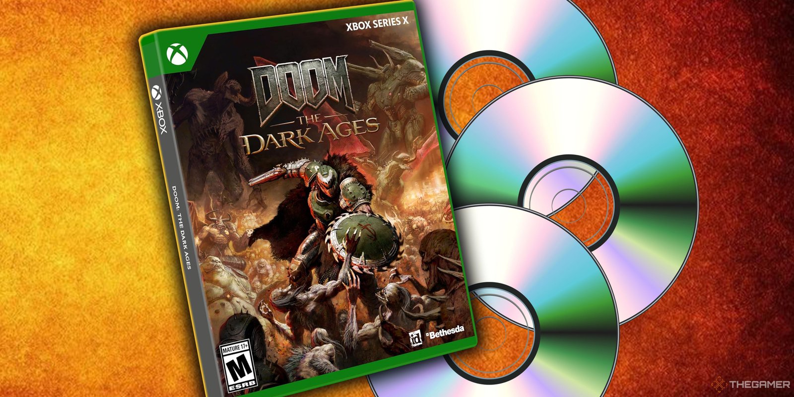 Onimusha 2: Samurai's Destiny Review 8 An Xbox Series X box for Doom: The Dark Ages with three discs to the side.