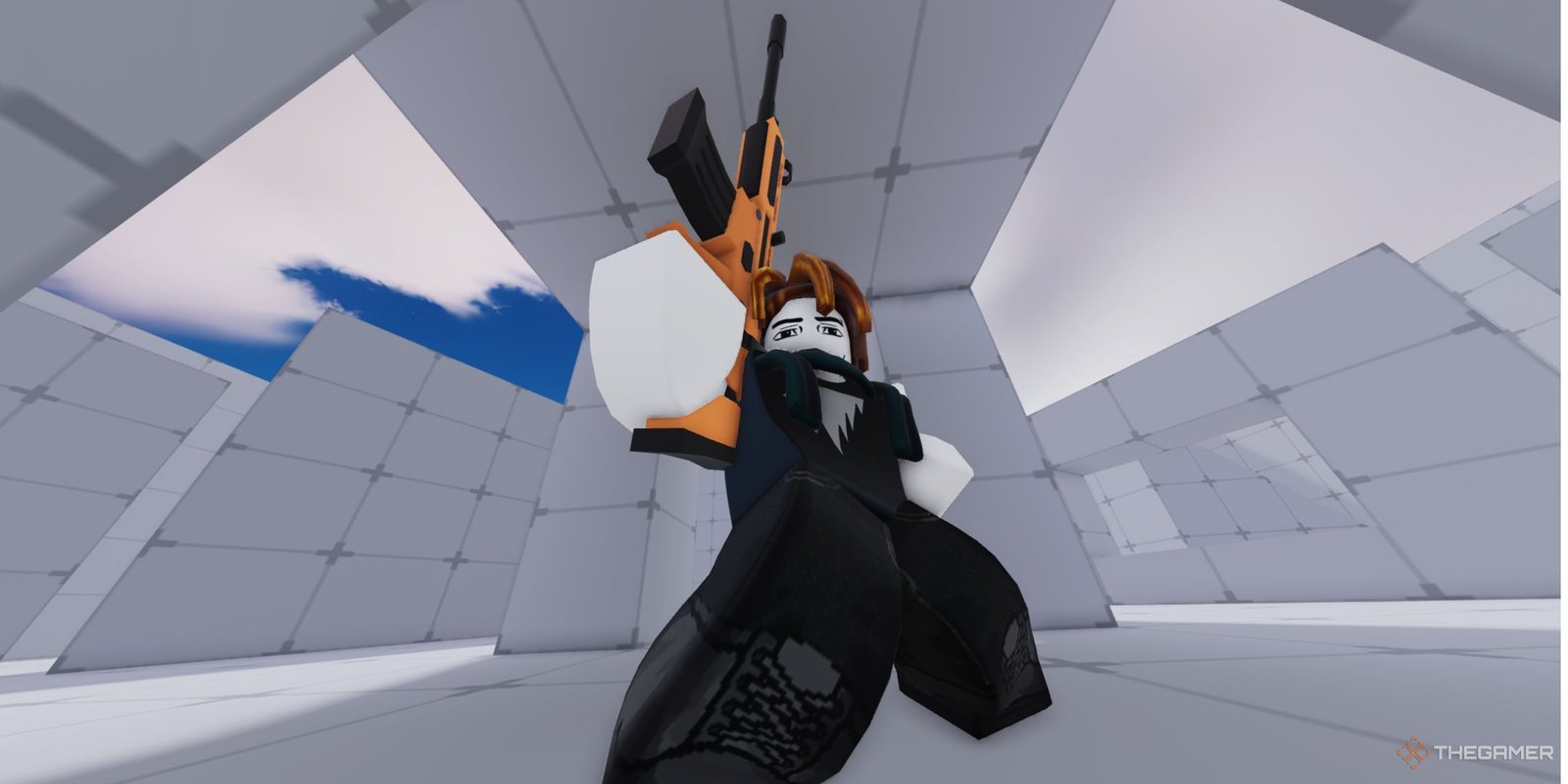 How To Get The Hunt Mega Edition Token In Roblox: Basketball Legends 1 The player character holding a gun with his right hand while smiling in Rivals.