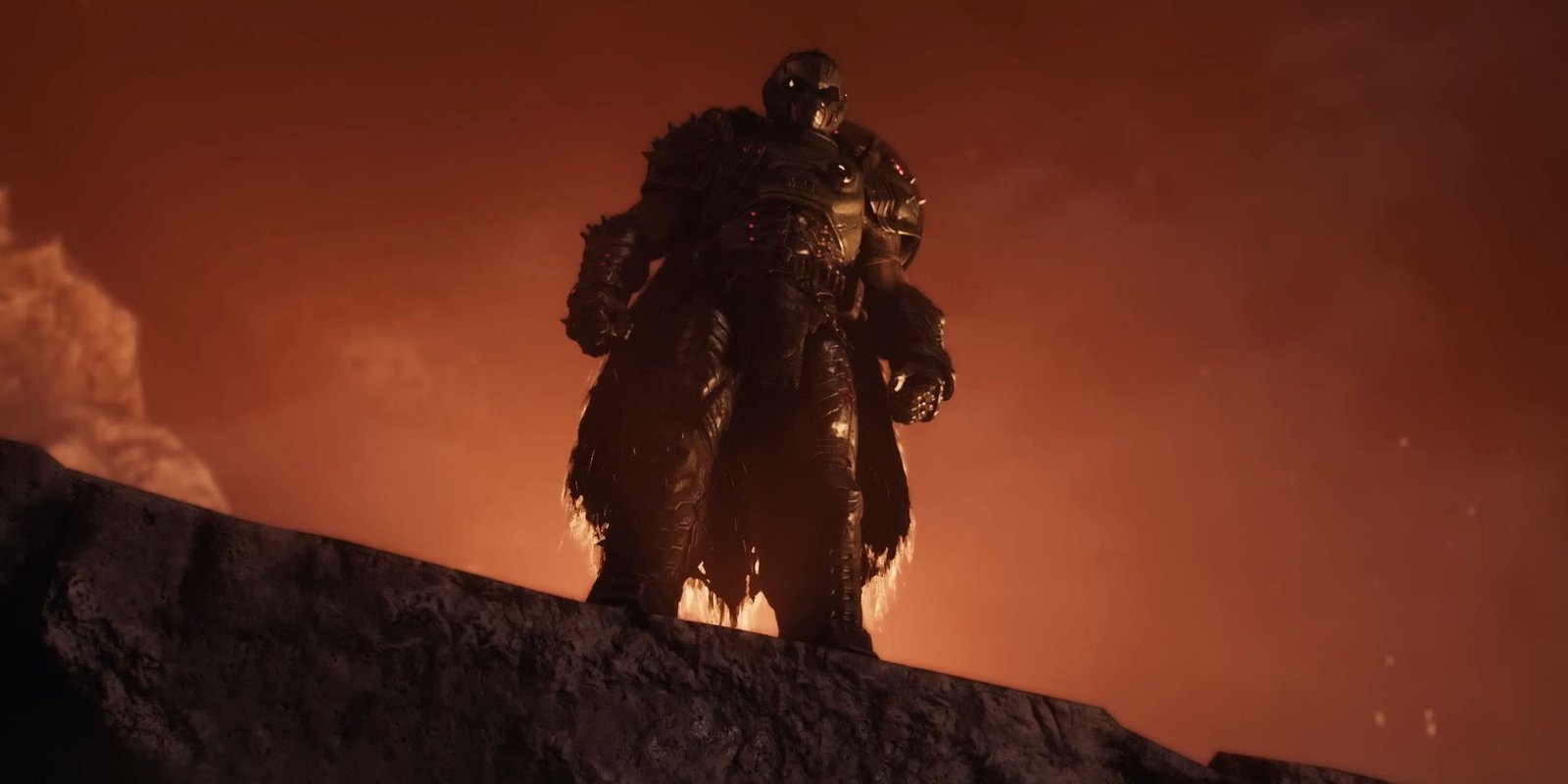 The Doom Slayer overlooking the camera on the side of a cliff
