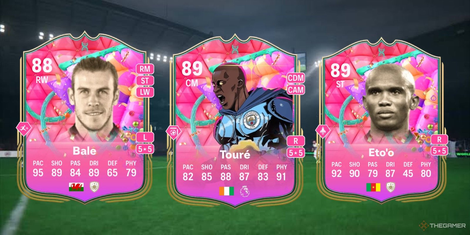 Alfonso Espino Challenge In EA FC 25? 3 Image showing Bale, Touré, and Eto’o card against a faded pitch background.