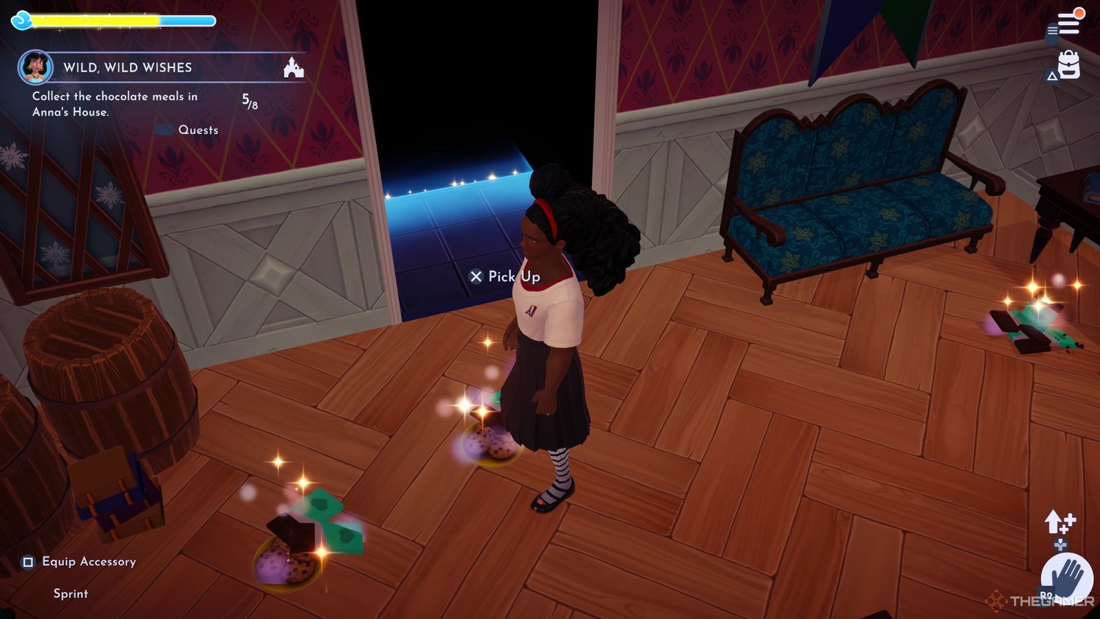 Player character cleaning up chocolate food dishes from Anna's house in Disney Dreamlight Valley.