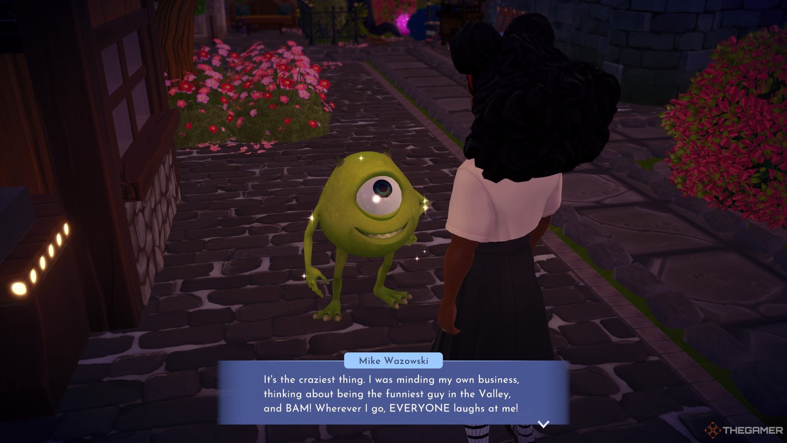 Player character speaking to Mike Wazowski about everyone laughing at him in Disney Dreamlight Valley.