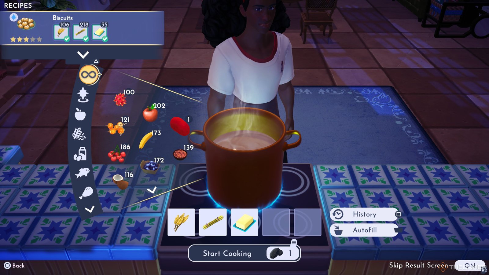 Player character in their kitchen cooking a batch of Biscuits as one of their favorite dishes in Disney Dreamlight Valley.