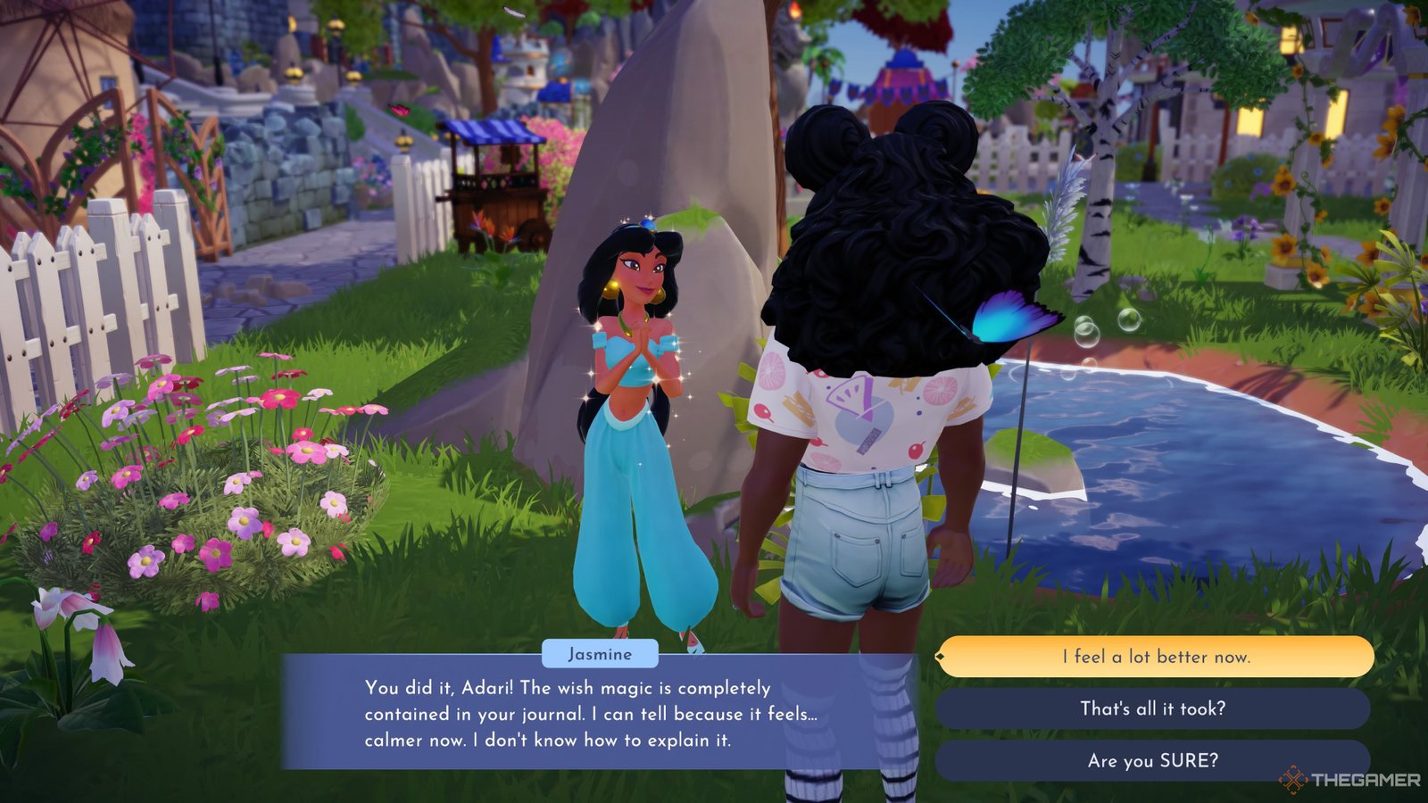 Player character talking with Jasmine after fixing the wish magic issues in Disney Dreamlight Valley.
