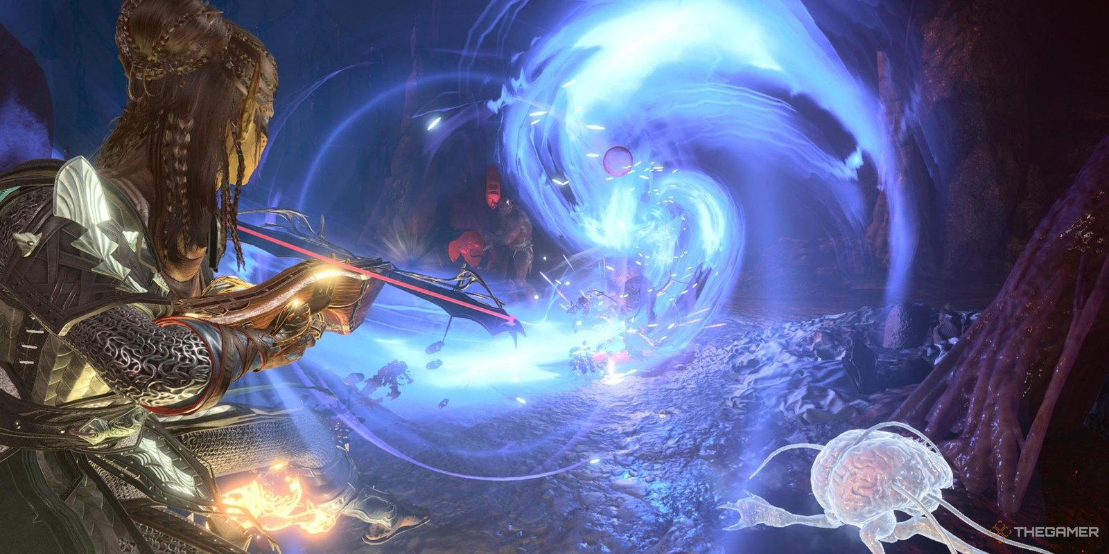 Lae'zel hitting multiple Intelect Devourers with a Piercing Arrow in Baldur's Gate 3.