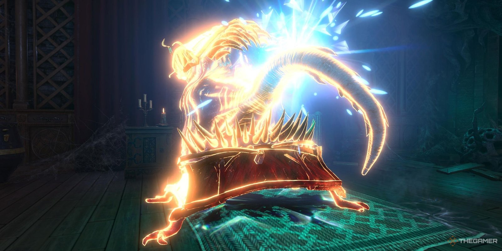 A mimic affected by Faerie Fire from a Seeking Arrow in Baldur's Gate 3.