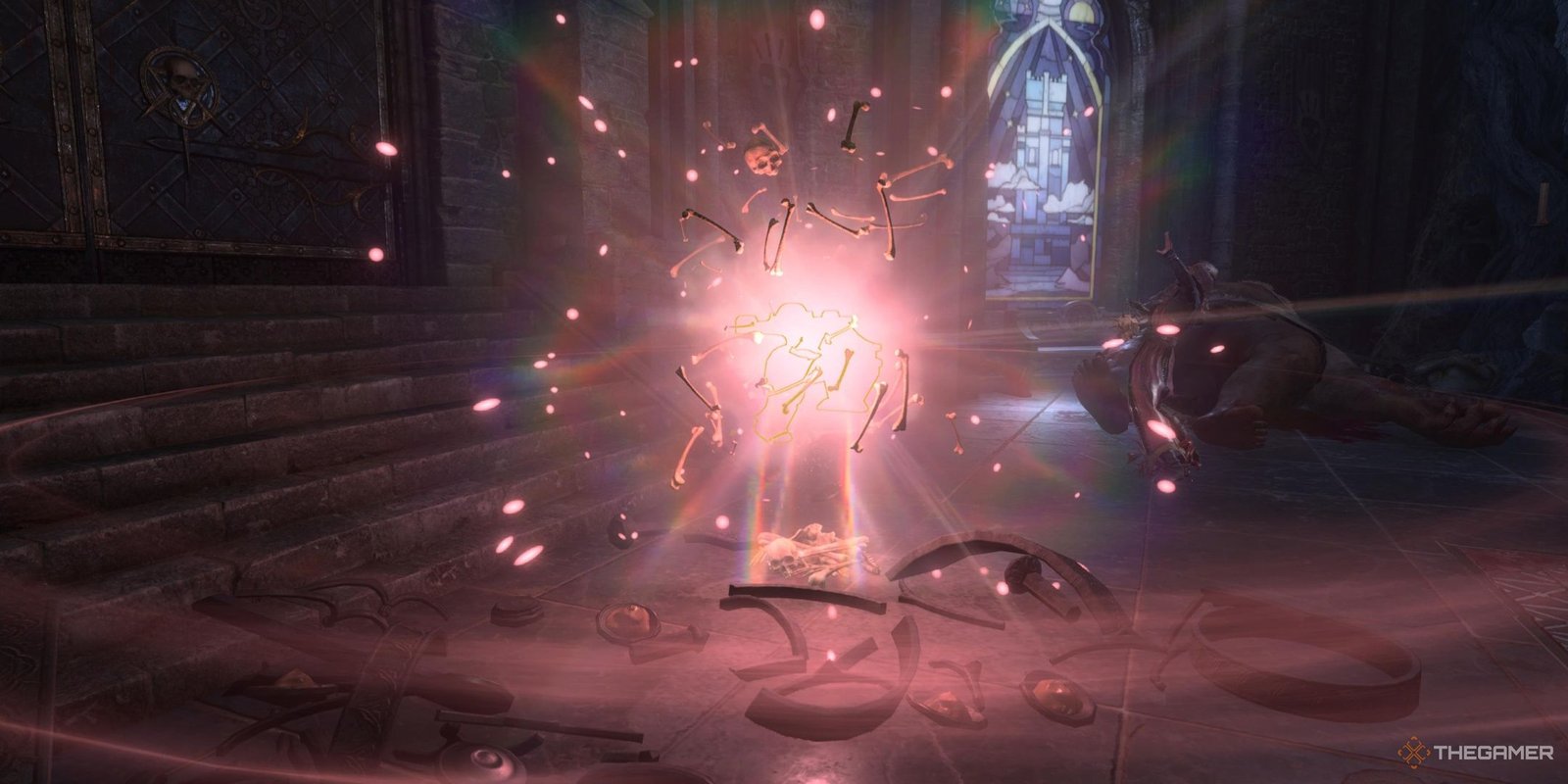 A skeleton monster being destroyed by a Bursting Arrow in Baldur's Gate 3.