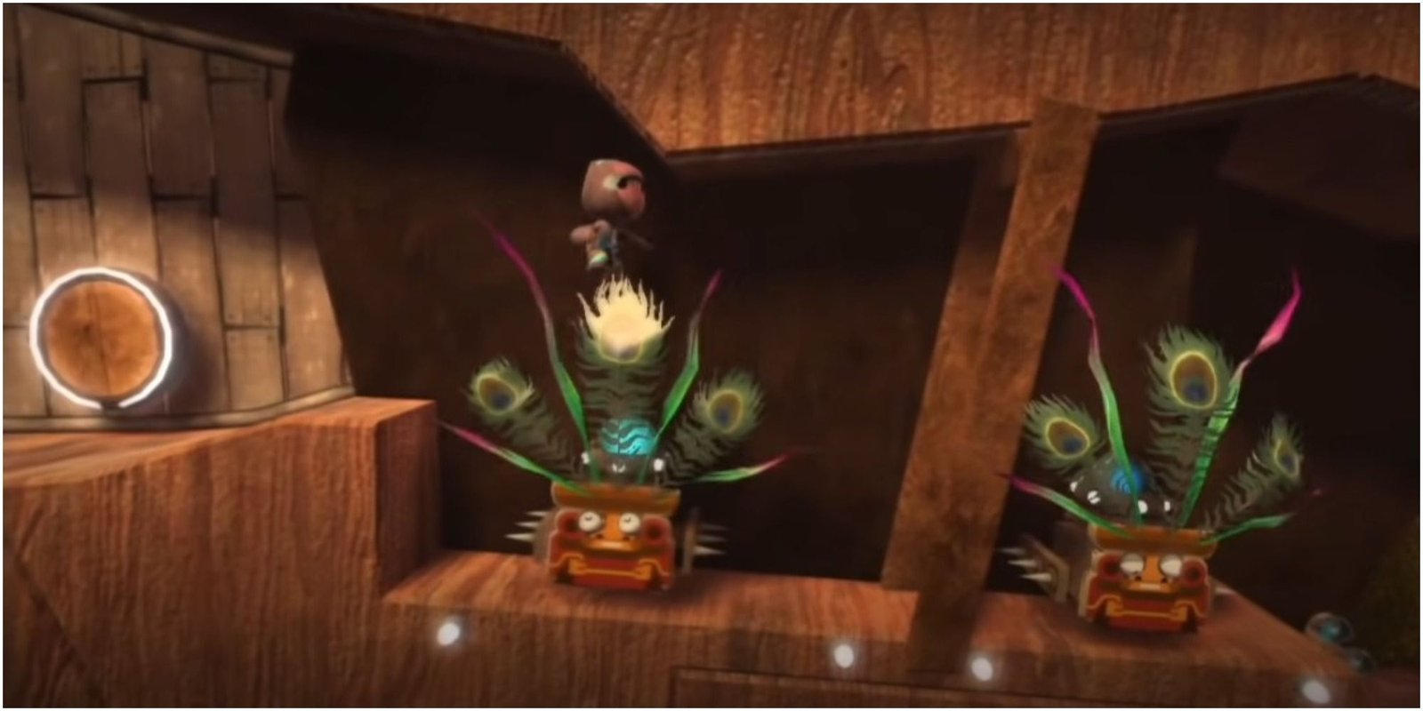 LittleBigPlanet is floating above a feathered platform in LittleBigPlanet.