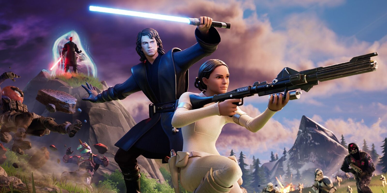 Anakin and Padme in the key art for Fortnite's Star Wars season.