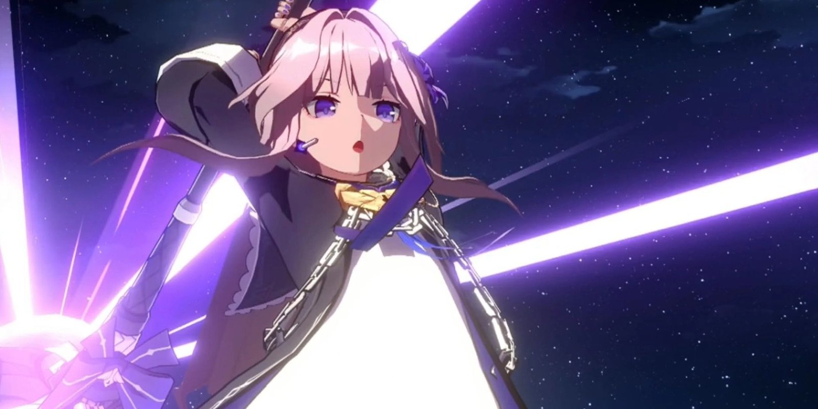 Herta performing her It's Magic, I Added Some Magic Ultimate attack with her massive hammer in Honkai: Star Rail.