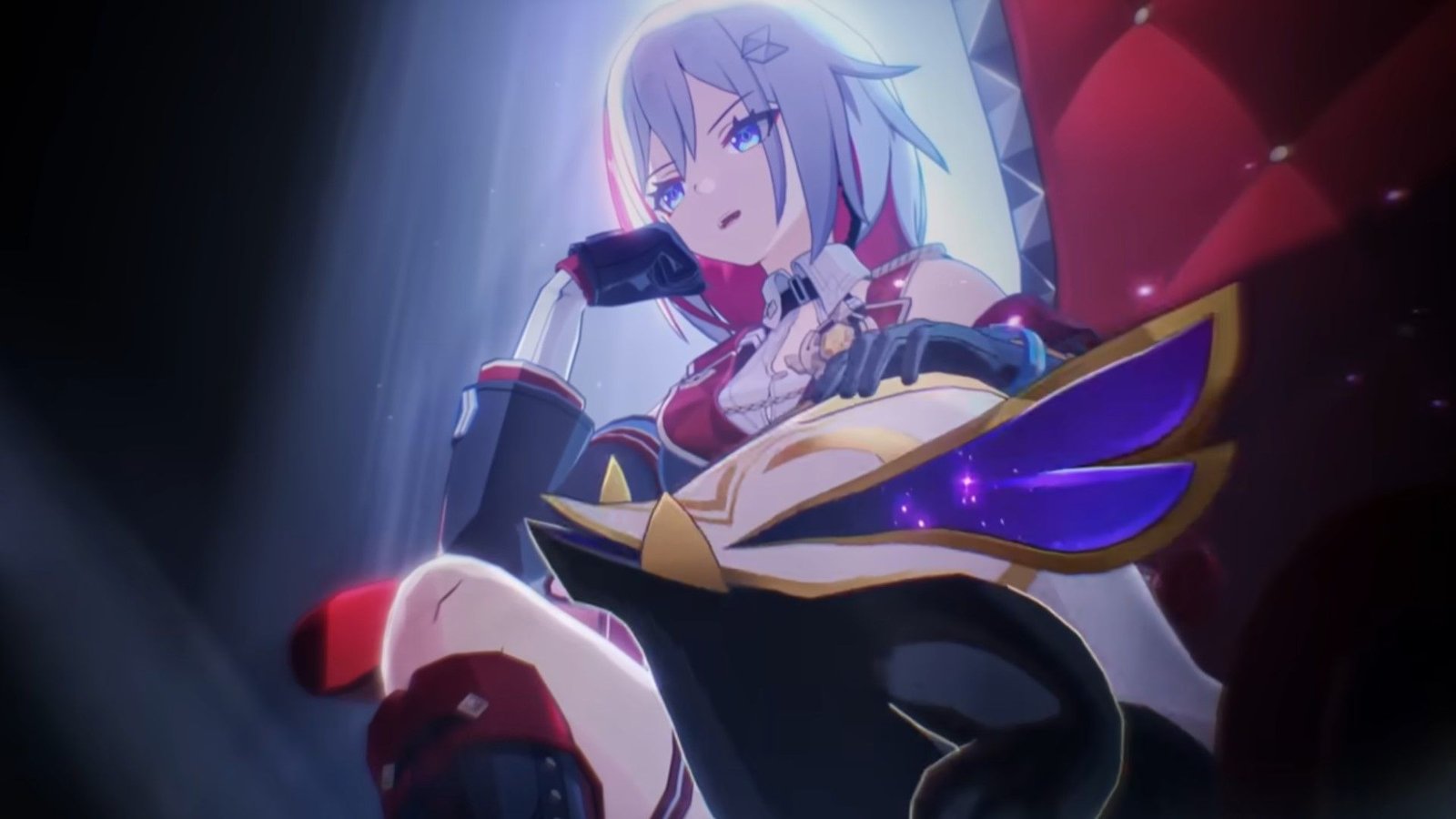 Topaz sits on a throne with her hand resting on a Trotter in Honkai Star Rail.