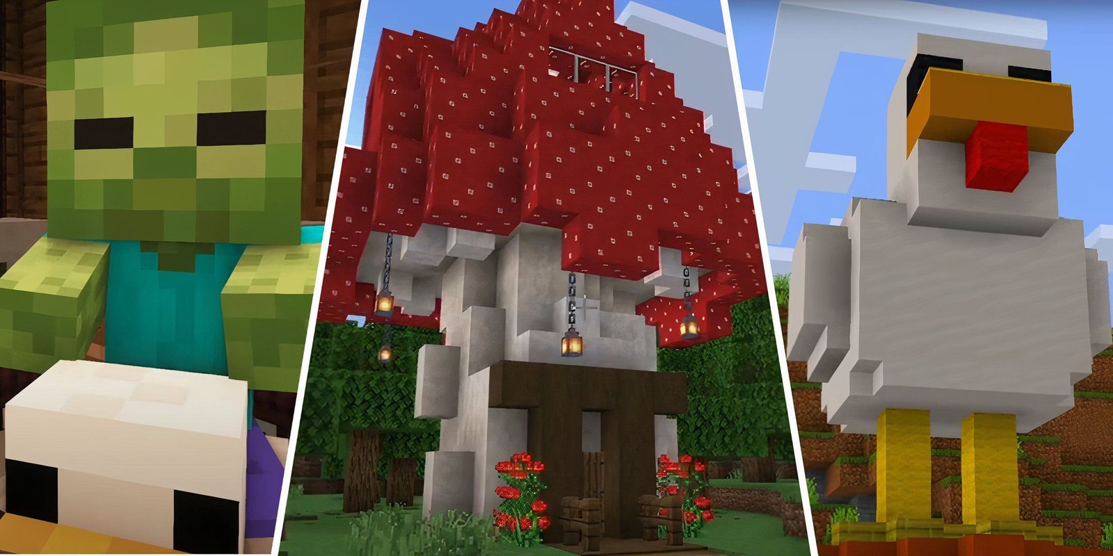 Starting A New Minecraft World? You Need To Set Up These Farms First 9 Minecraft Movie Builds Header with chicken jockey, mushroom house and chicken shop.