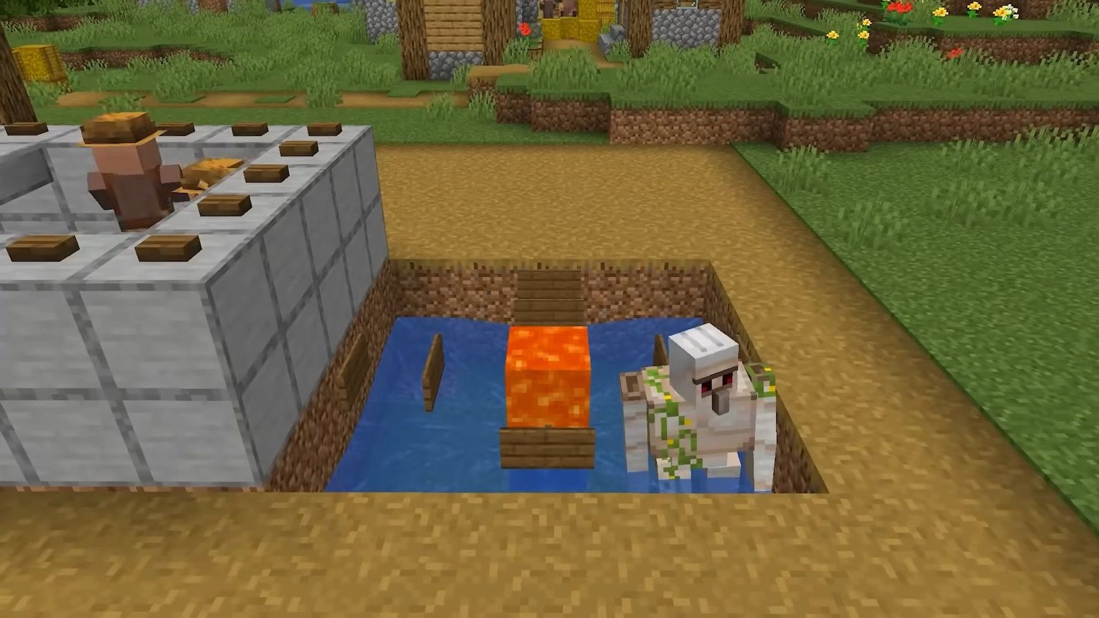 An image of Iron Farm in Minecraft.