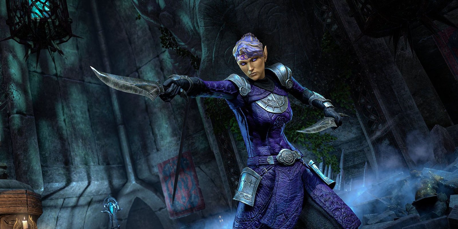 The Elder Scrolls Online companion Tanlorin pointing a dagger in an Ayleid ruin