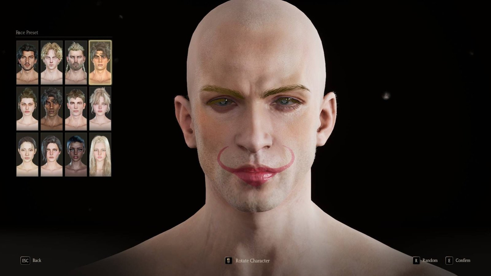 Chrono Odyssey, the character creator, man with pale skin, no hair, and a fake moustache.