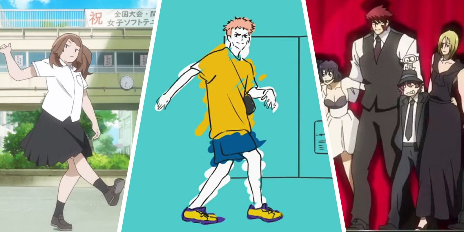 Don't Sleep On These Bingeworthy Slice-Of-Life Anime 12 Split image of dance scenes from Jujutsu Kaisen, Blood Blockade Battlefront and Stars Align.