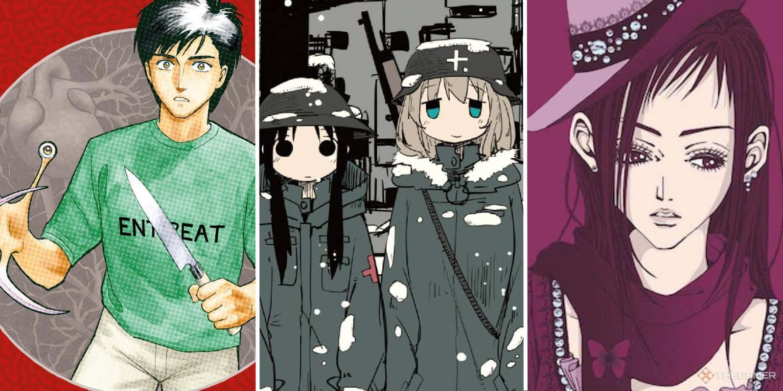 You Don't Want To Miss Out On These 8 Must-Read Manga Spinoffs 7 A split image showing artwork from Parasyte, Girls Last Tour, and Paradise Kiss.