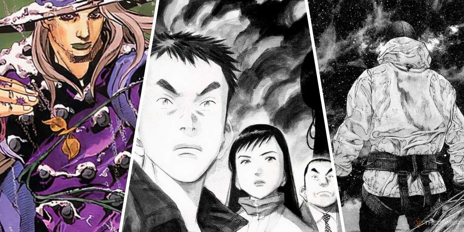 You Don't Want To Miss Out On These 8 Must-Read Manga Spinoffs 13 Split images of Jojo's Bizarre Adventure Steel Ball Run, 20th Century Boys, and Climber.