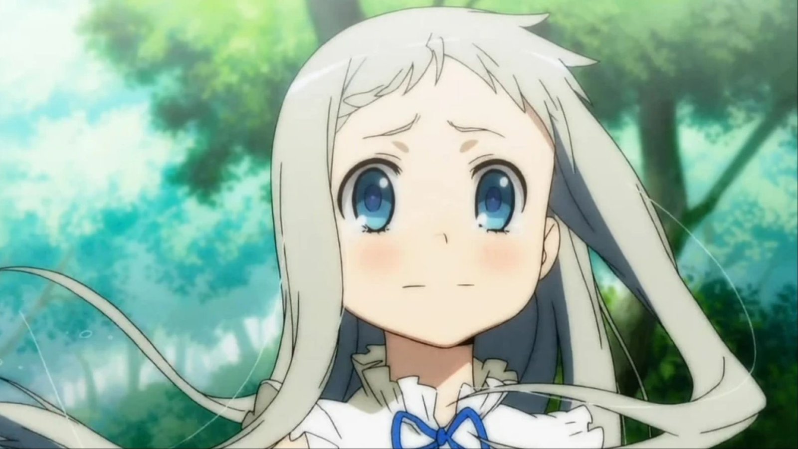 Meiko Honma blushing with tears welling in her eyes in Anohana: The Flower We Saw That Day.