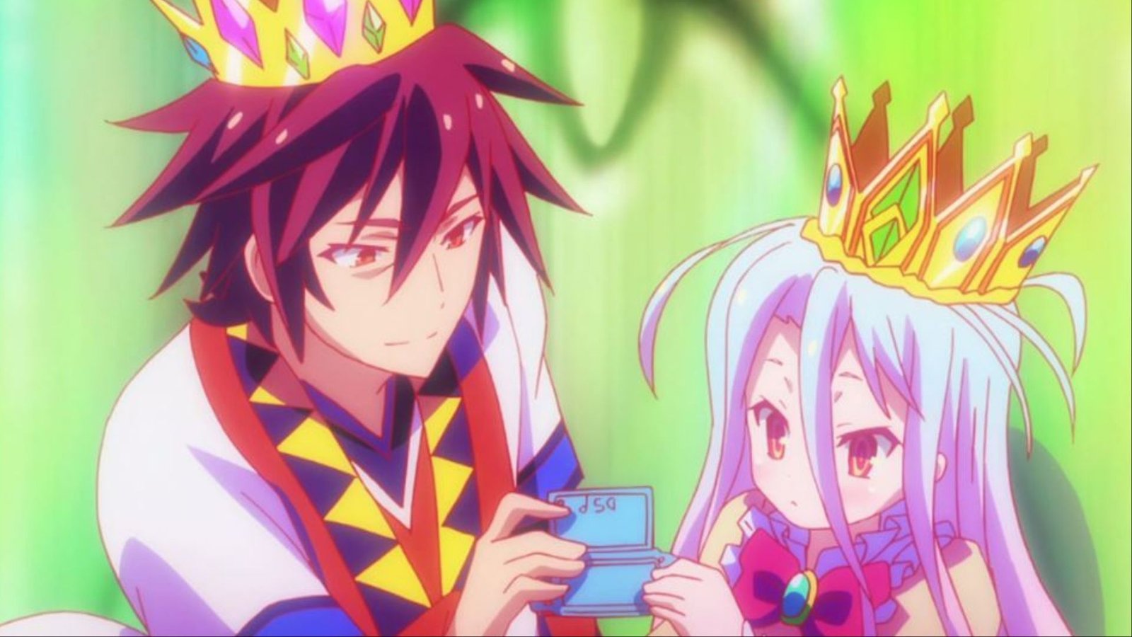 Sora and Shiro holding a device together while wearing crowns in No Game No Life.