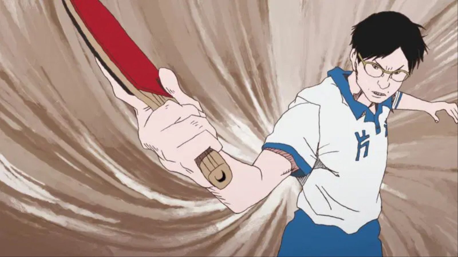 Makoto Tsukimoto returning a fierce serve in Ping Pong the Animation.