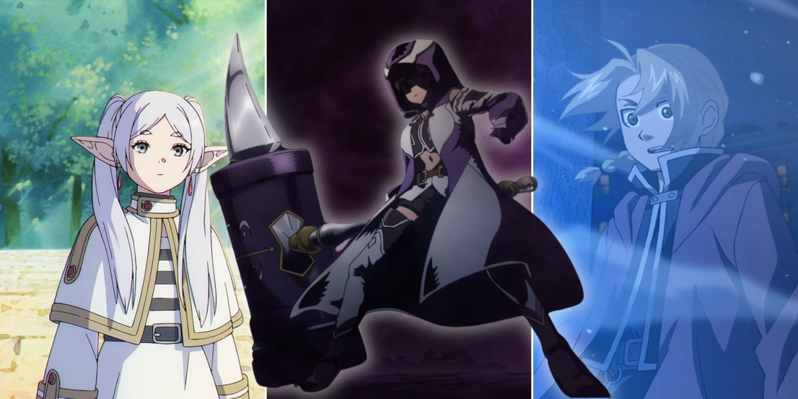 Don't Have Much Time? You Can Watch These Incredible Anime In A Single Day 12 Frieren, Alaina from I May Be a Guild Receptionist, but I’ll Solo Any Boss to Clock Out on Time, and Ed from Fullmetal Alchemist Brotherhood are lined up from left to right.