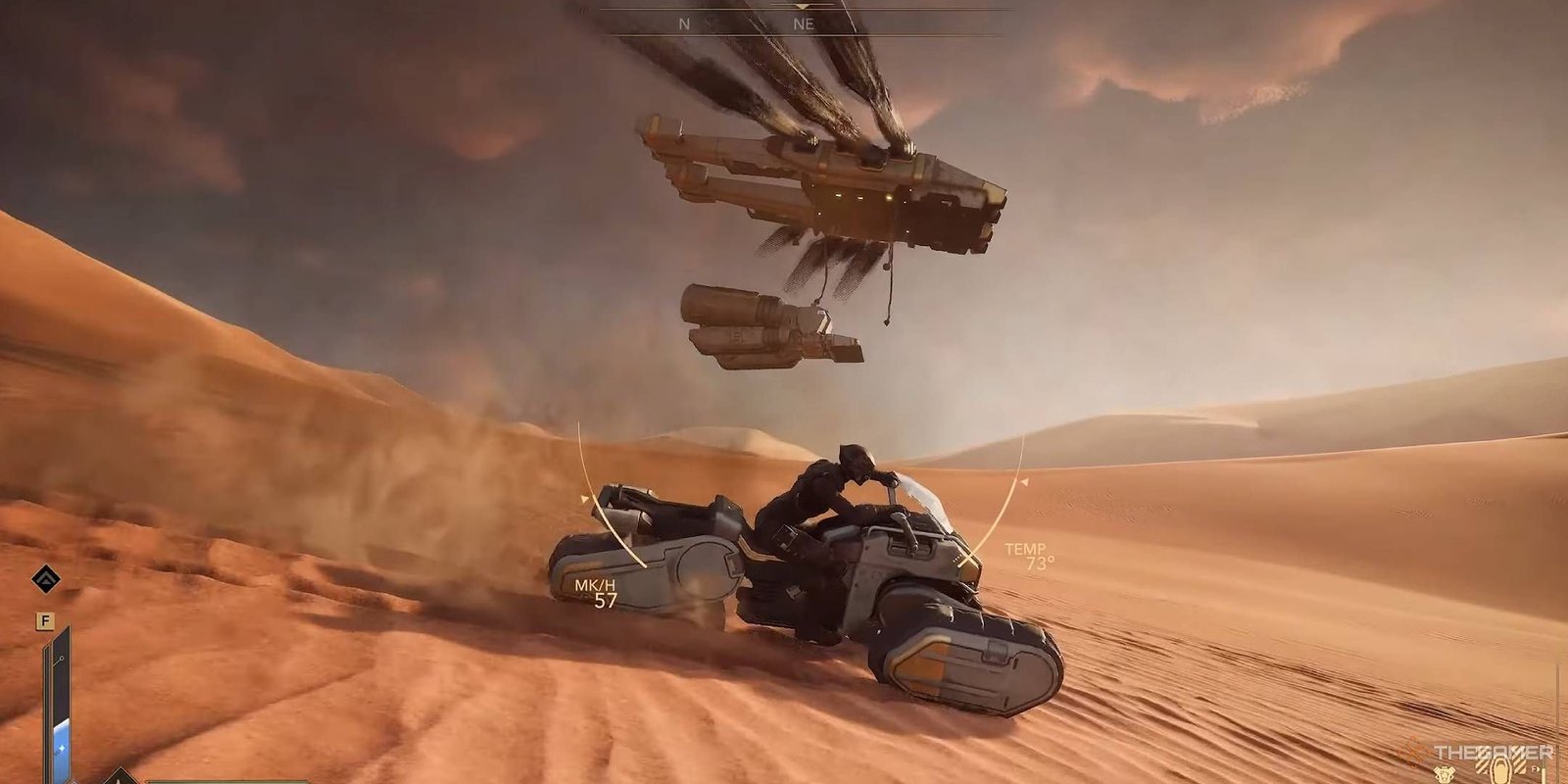 Dune Awakening an ornithopter dropping a tank into the desert while player passes on a sandbike