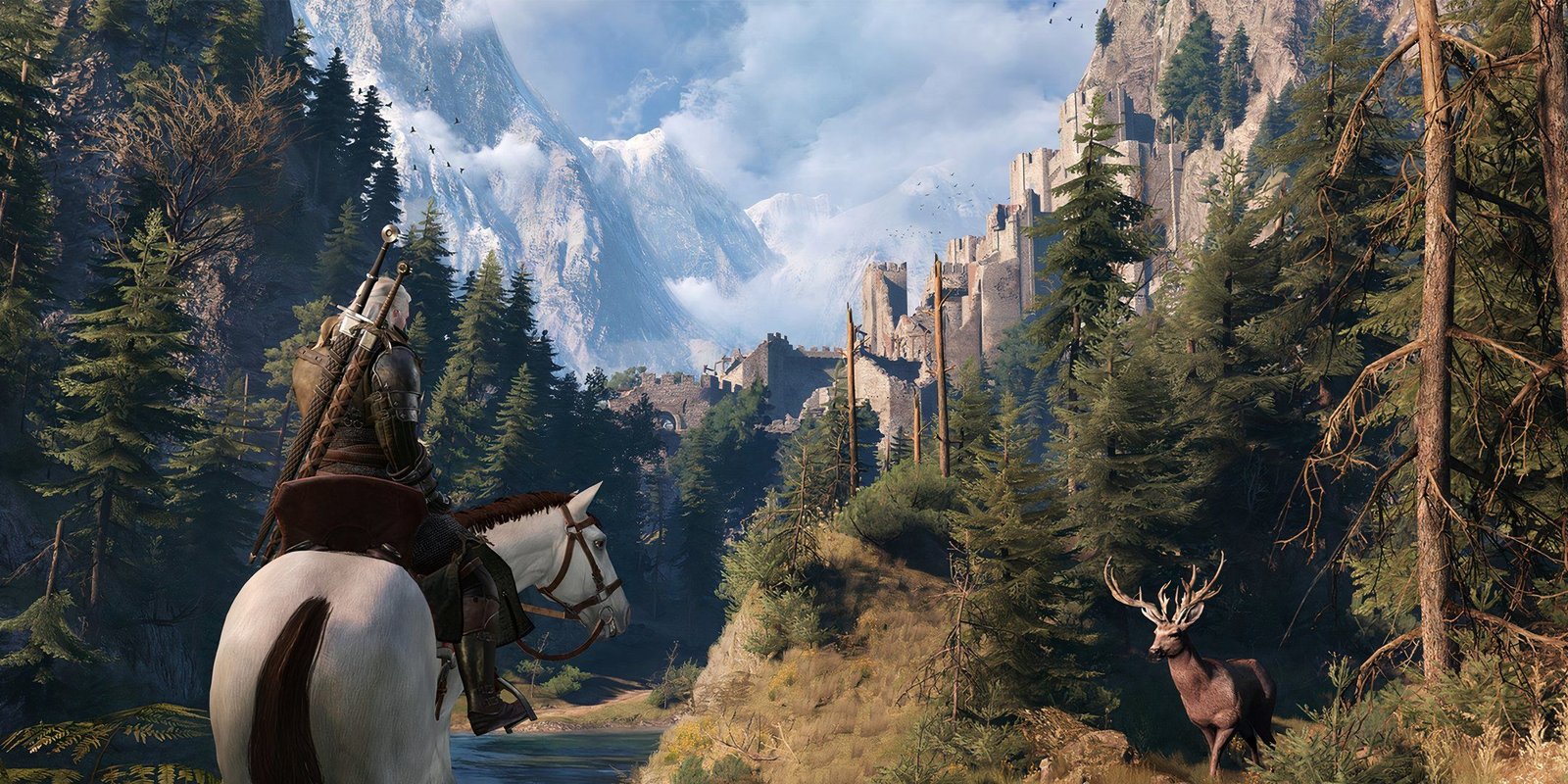 Geralt riding Roach near mountains and a castle in The Witcher 3: Wild Hunt.