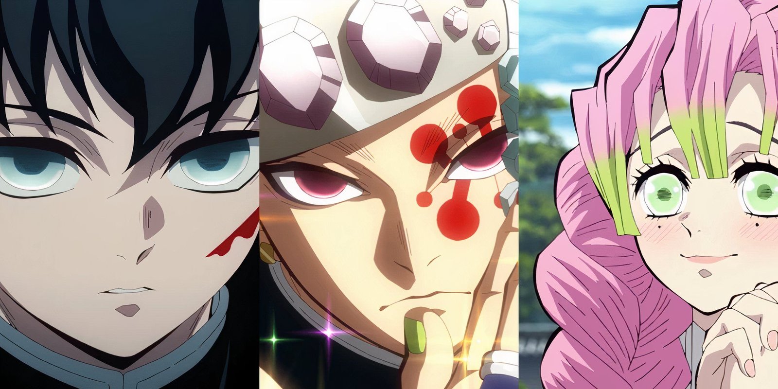Anime Dere Type Based On Zodiac Sign 1 Muichiro Tokito on the left, Tengen Uzui in the middle, and Mitsuri Kanroji on the right from Demon Slayer.