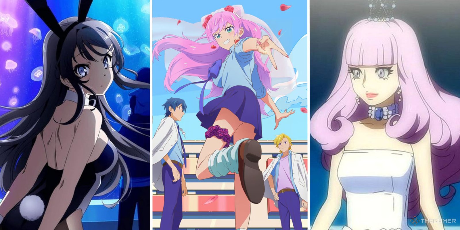 Don't Sleep On These Bingeworthy Slice-Of-Life Anime 3 A split image showing Rascal Does Not Dream of Bunny Girl Senpai, More than A Marriage, and Princess Jellyfish.