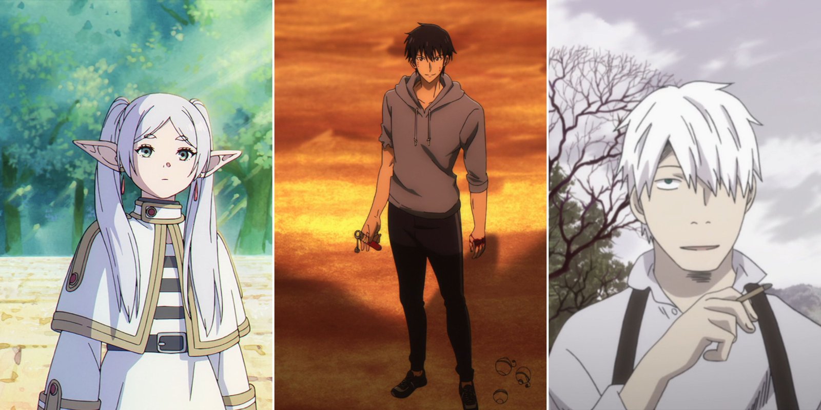 Don't Sleep On These Bingeworthy Slice-Of-Life Anime 1 Three screenshots from Frieren, Solo Leveling, and Mushi-shi are lined up.