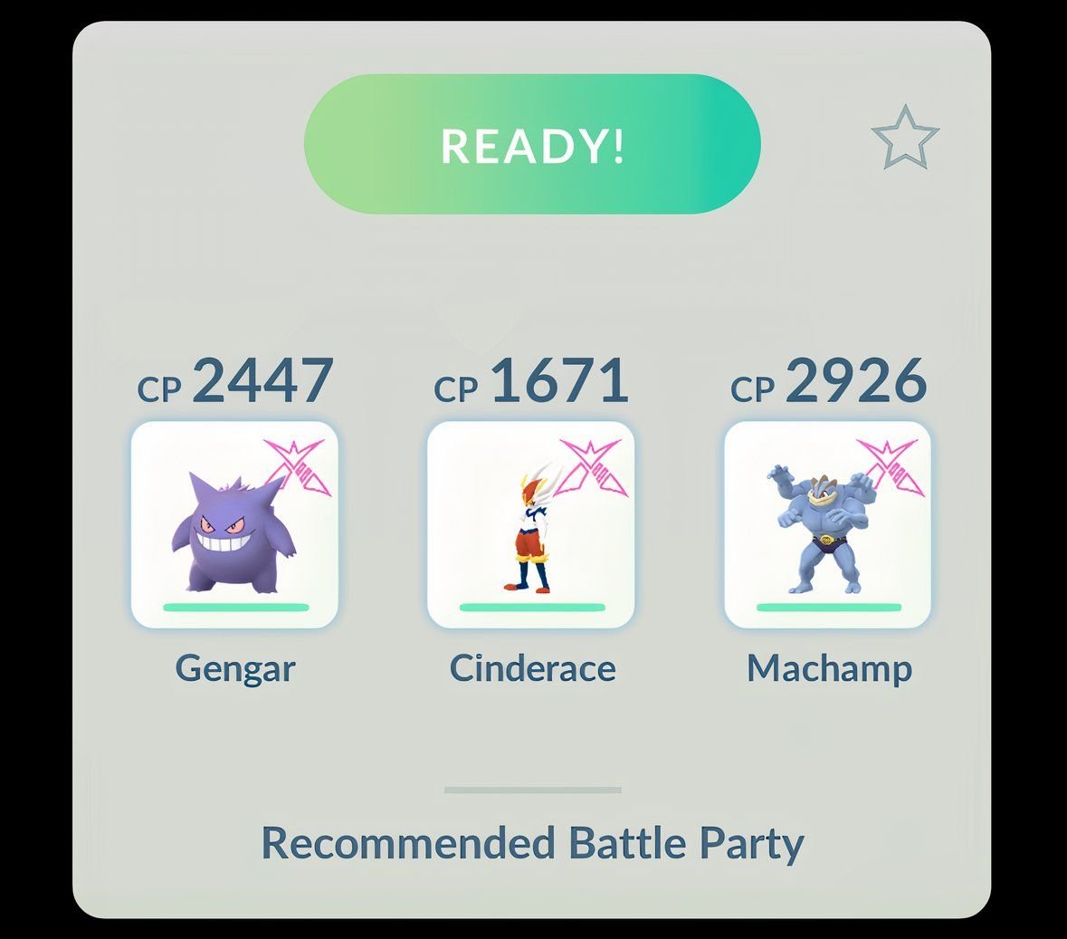 Battle Party of Gengar, Cinderace, and Machamp from Pokemon Go.
