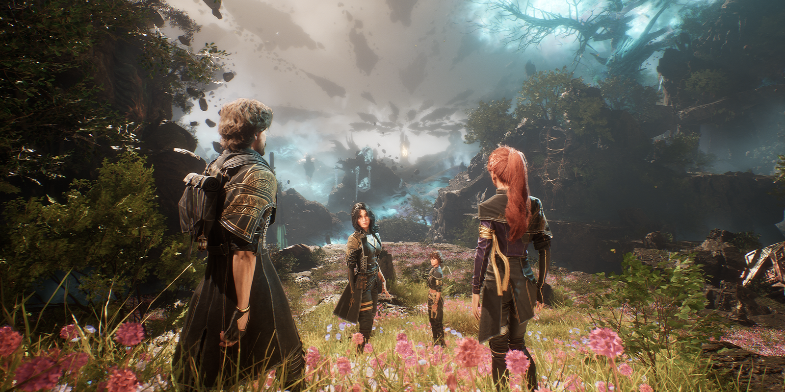 gustave, maelle, scielle, and lune walking through a field in clair obscur.