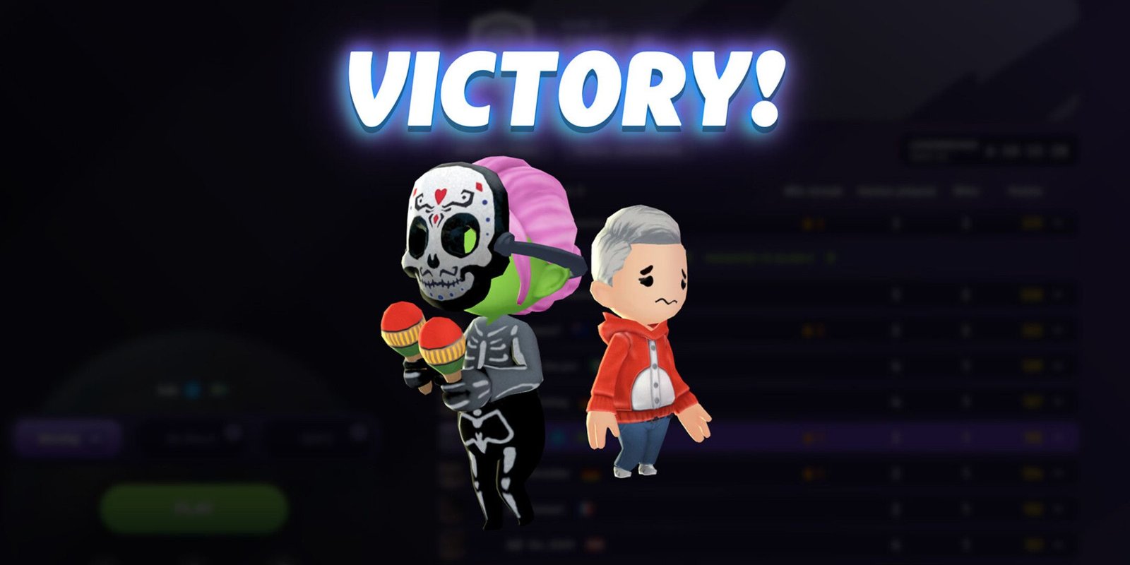 Two Geoguessr characters on the victory screen, one sad and one happy