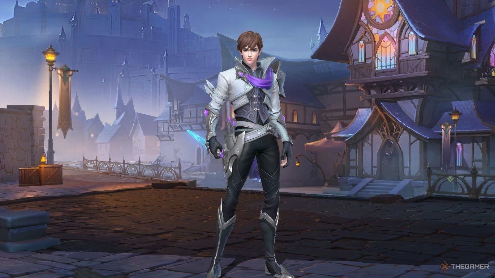 Gusion from Mobile Legend standing in his character select page.