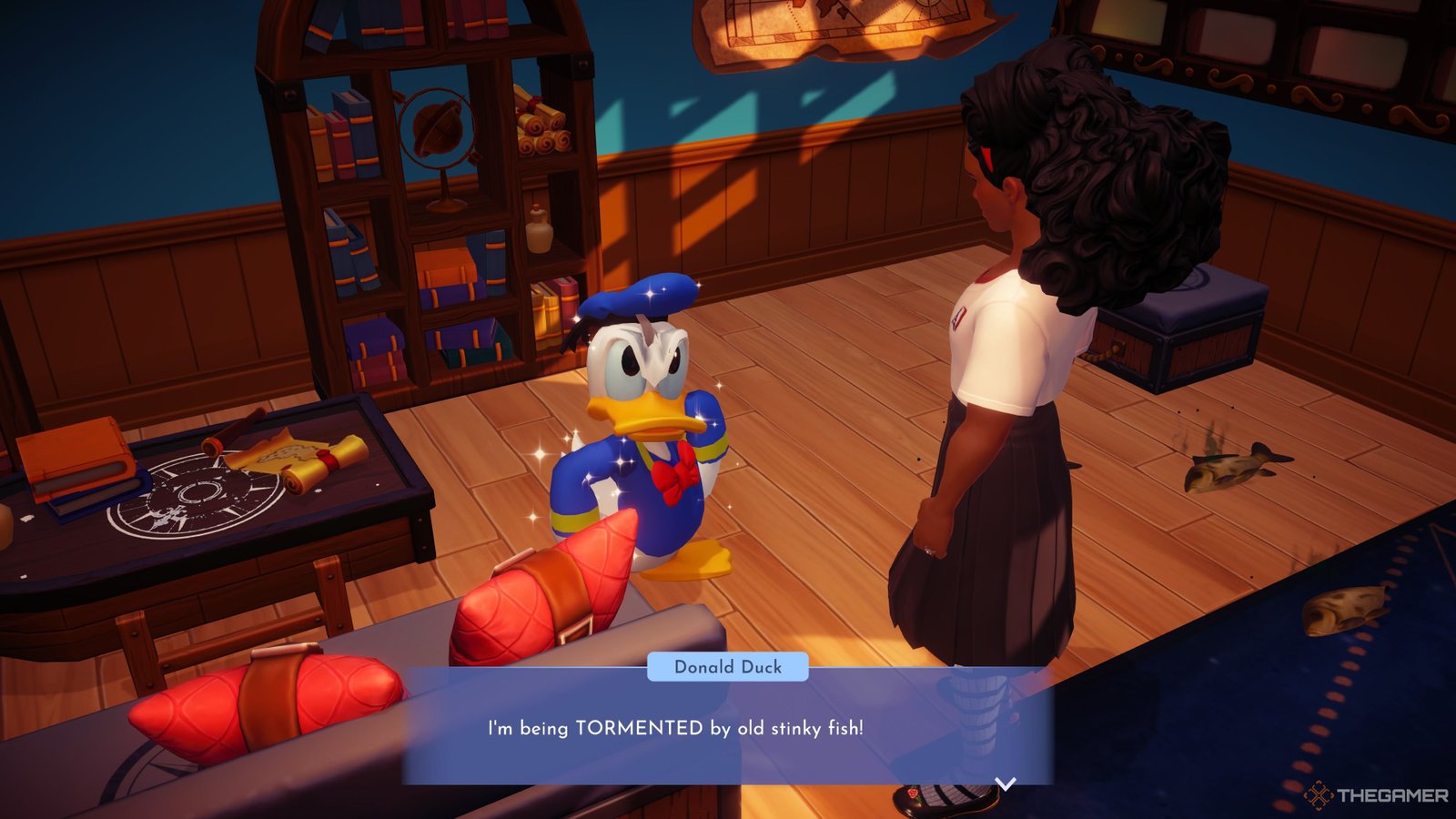 Player character speaking to Donald in his home which is filled with stinking fish in Disney Dreamlight Valley.