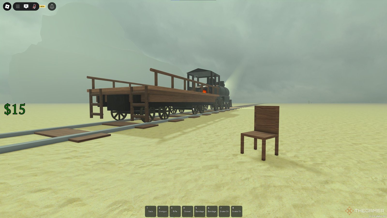 A chair in front of the train in Dead Rails on Roblox.