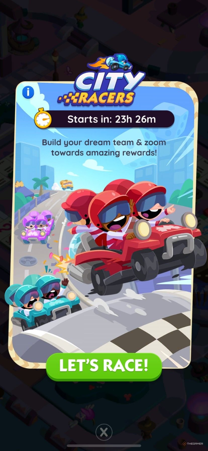 The start screen for City Racers in Monopoly Go featuring the blue, red, and purple teams.