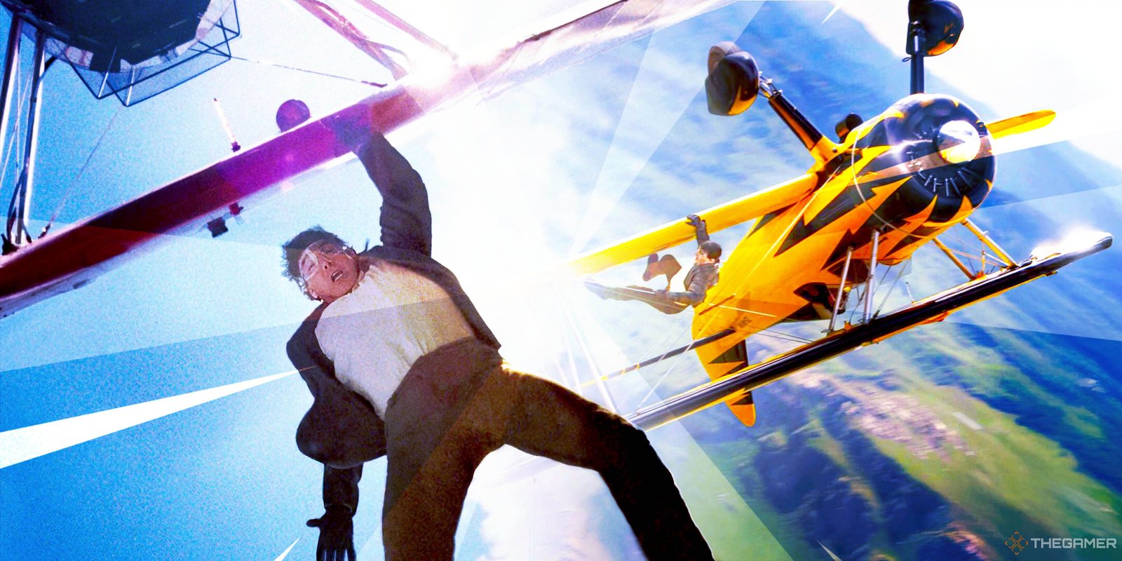 It's Been 22 Years Since The Last Game Based On Mission: Impossible 1 Tom Cruise hanging from a red biplane during the big set piece at the end of Mission: Impossible - The Final Reckoning.