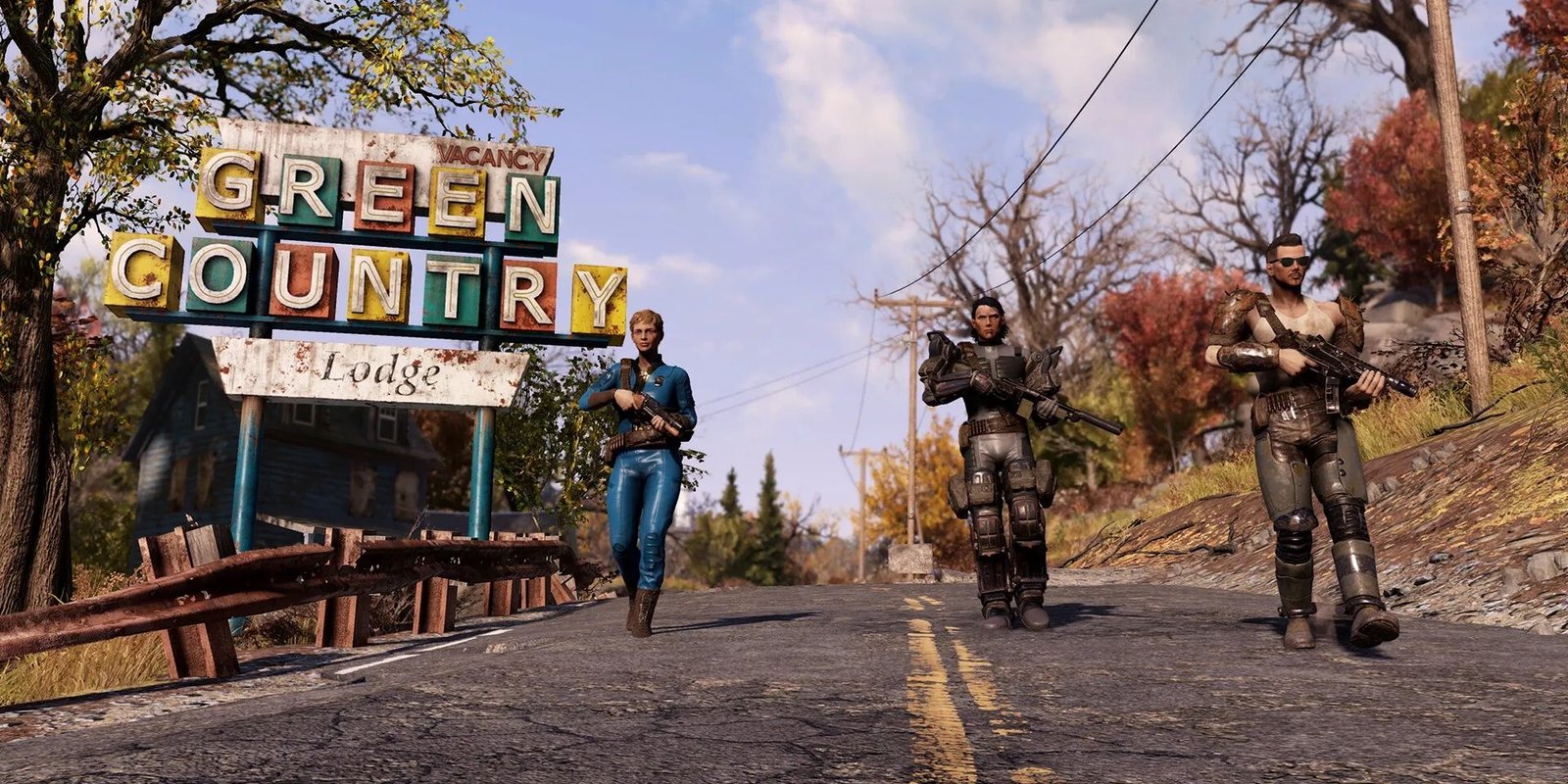 Fallout 76: Various vault dwellers wearing different outfits whilst wandering the wasteland.