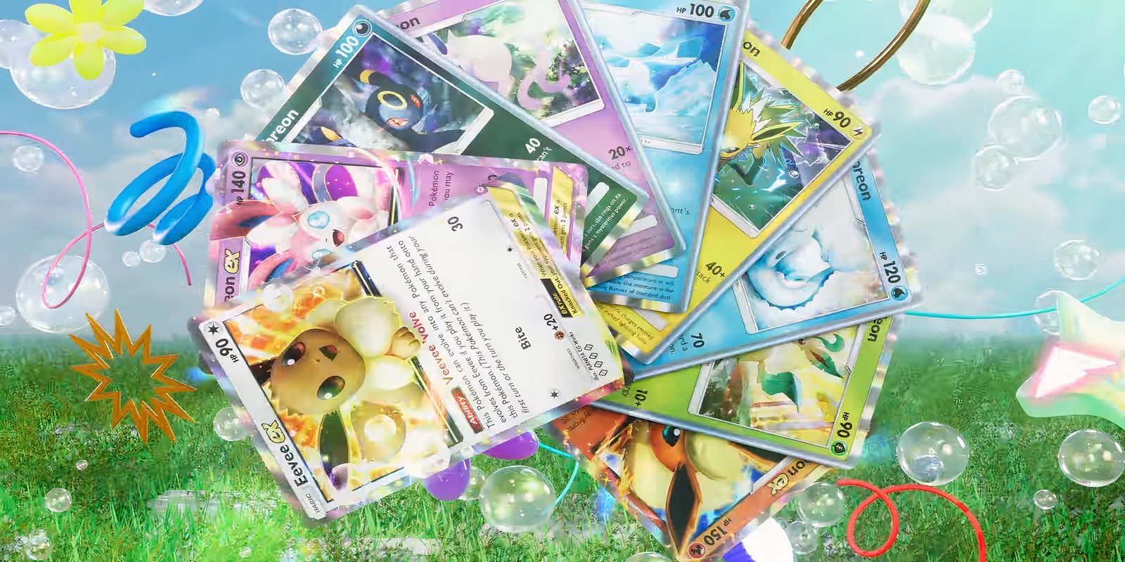 eevee and its eight evolution's cards from pokemon tcg pocket.