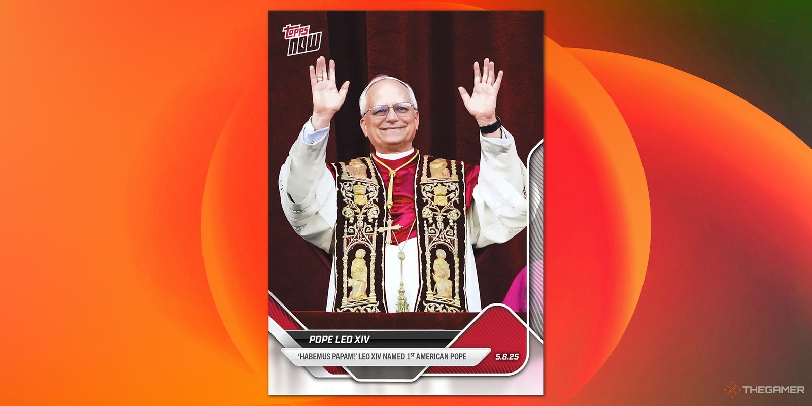 Pope Leo Topps card over an orange background.